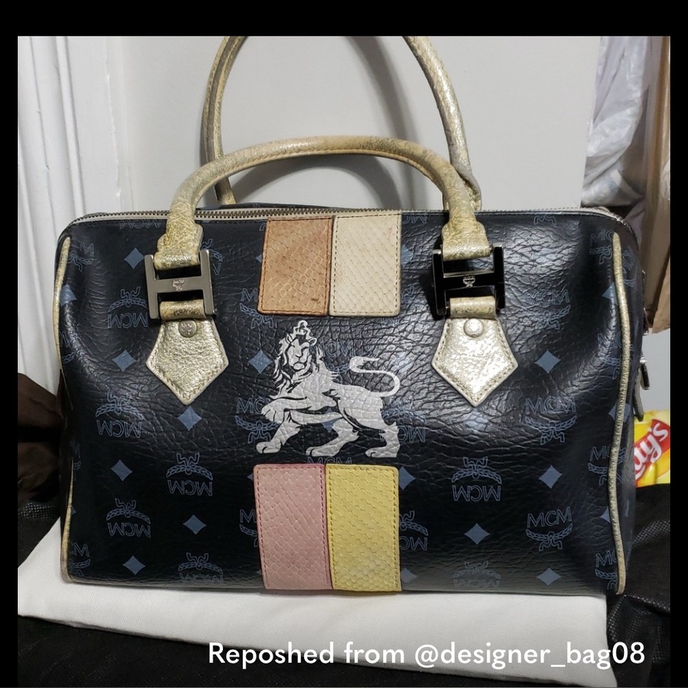 MCM Black Satchel with Pink, Yellow & Tan Accents